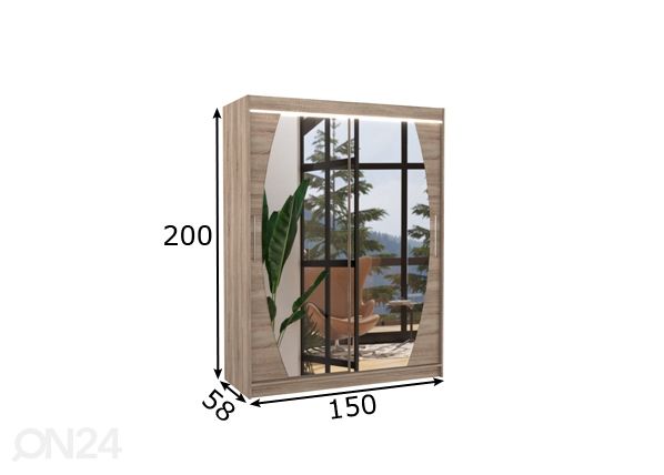 Liukuovikaappi Alison 150 cm + LED mitat