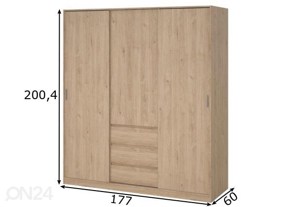 Liukuovinen vaatekaappi Naia 177 cm, hikkori mitat