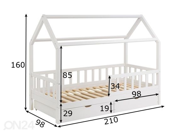 Massiivipuinen lastensänky 90x200 cm + laatikot mitat