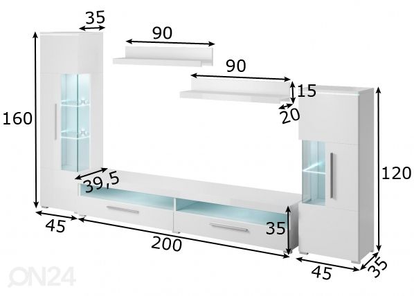 Olohuoneen kalusteryhmä 290 cm mitat