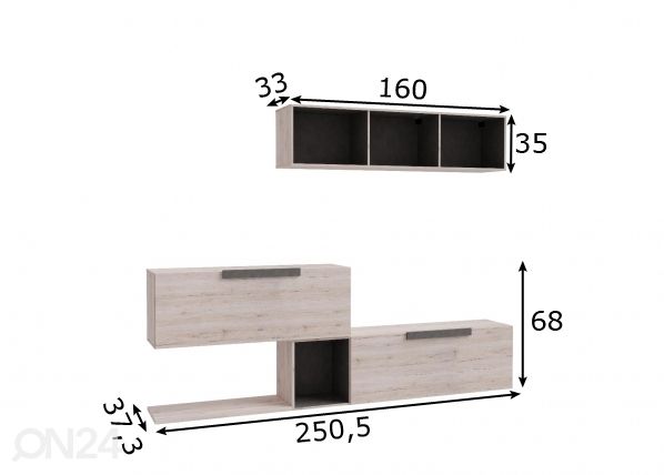 Olohuoneen kalusteryhmä Focus 250 cm mitat