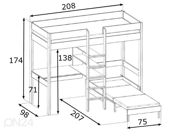 Parvisänky massiivipuusta 90x200 cm mitat