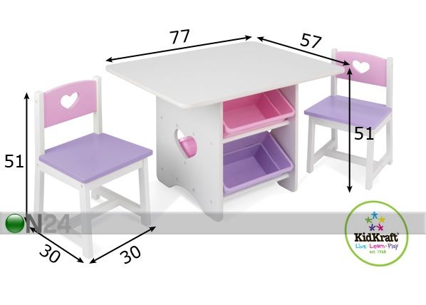 Pöytä ja tuolit+laatikot KidKraft mitat