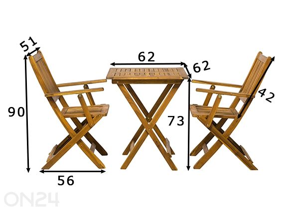 Puutarhakalusteet, pöyta + 2 tuolia mitat