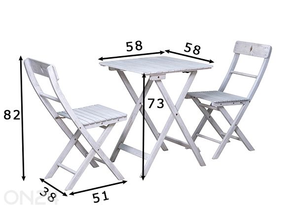 Puutarhakalusteet, pöyta + 2 tuolia mitat