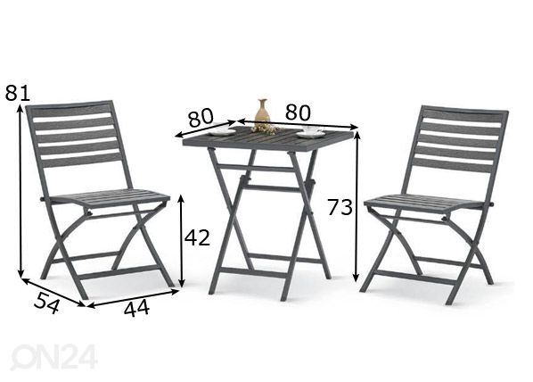 Puutarhakalusteet Pudong pöytä + 2 tuolia mitat