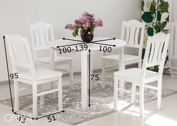 Ruokailuryhmä 100x100-139 cm + tuolit Per 4 kpl, valkoinen mitat