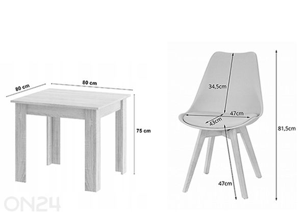 Ruokailuryhmä pöytä + 4 tuolia mitat