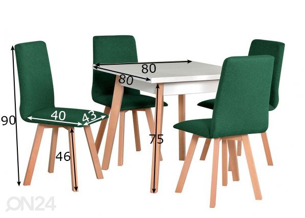 Ruokapöytä80x80 cm + 4 tuolia mitat