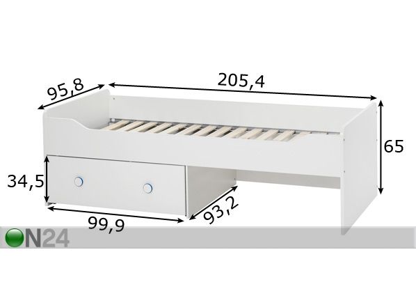 Sänky 90x200 cm+vuodevaatelaatikko mitat
