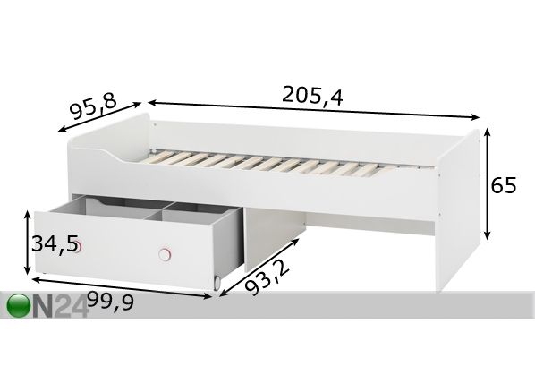 Sänky 90x200 cm+vuodevaatelaatikko mitat