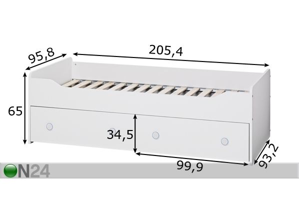 Sänky 90x200 cm+vuodevaatelaatikko mitat
