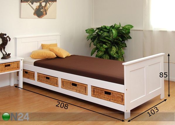Sänky BRITT 90x200 cm+4 korilaatikkoa mitat