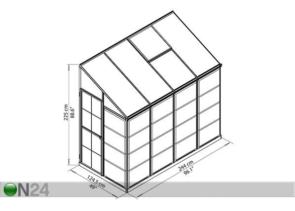 Seinäkasvihuone Palram Hybrid 2,44x1,24 m, 3,04 m² mitat