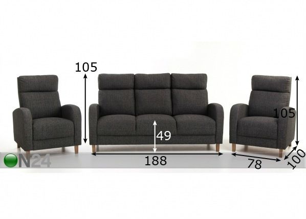 Sohvakalusto Paris 3+1+1 mitat