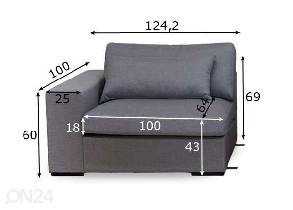 Sohvamoduuli käsinojalla Comforto XL 124,2 cm mitat