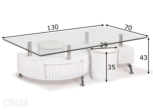 Sohvapöytä + 2 rahia CUBIO mitat