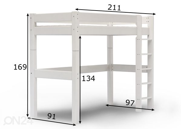 Suwem korkea parvisänky Lahe pystytikkailla 80x200 cm mitat