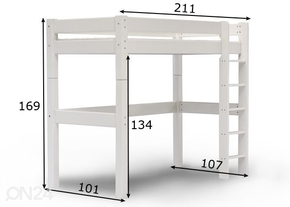 Suwem korkea parvisänky Lahe pystytikkailla 90x200 cm mitat