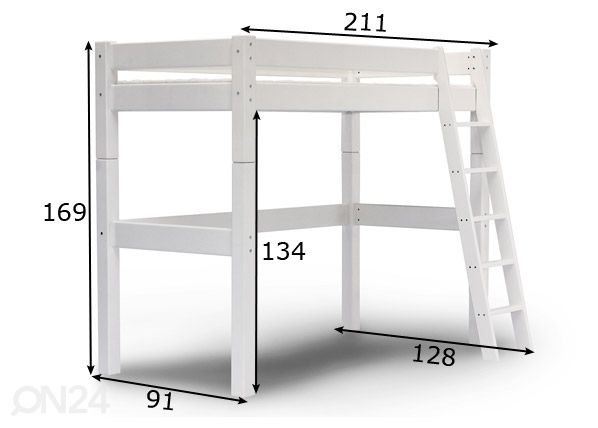 Suwem korkea parvisänky Lahe viistotikkailla 80x200 cm mitat