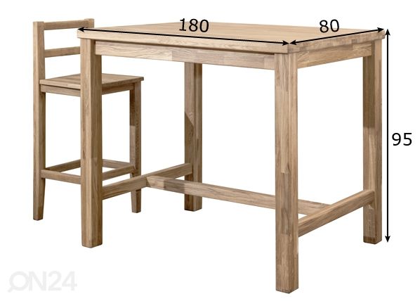 Tammi baaripöytä Provans2 180x80 cm, valkoinen öljy mitat