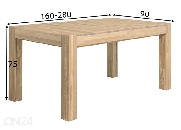 Tammi jatkettava ruokapöytä 160-280x90 cm, valkoinen öljy mitat