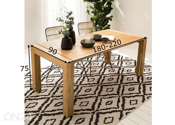 Tammi jatkettava ruokapöytä Zak 180-220x90 cm mitat
