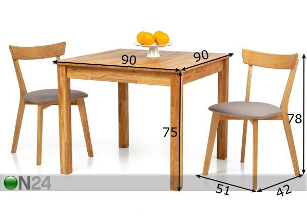 Tammi ruokapöytä Lem 90x90 cm + 2 tuolia Viola harmaa mitat
