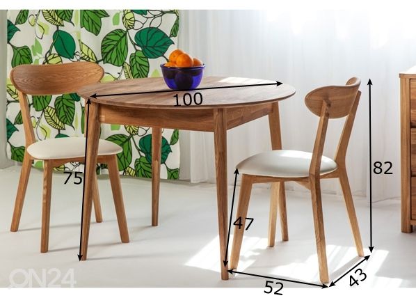 Tammi ruokapöytä Scan Ø100 cm + 2 tuolia Irma mitat