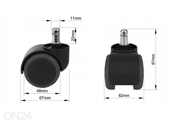 Työtuolin pyörät Ø 50 mm, 5 kpl mitat