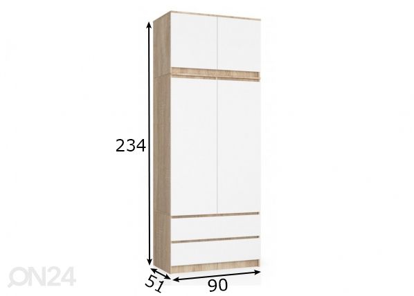Vaatekaappi 90 cm, sonoma/ valkoinen mitat