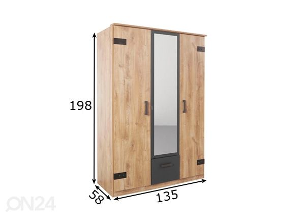 Vaatekaappi Glasgow 135 cm mitat