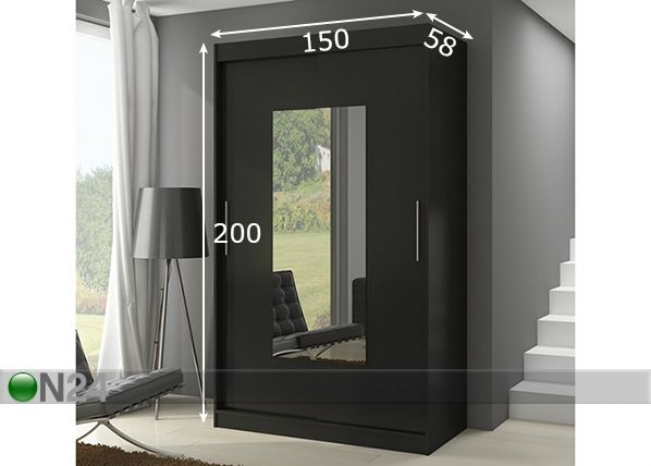 Vaatekaappi liukuovilla 150 cm mitat