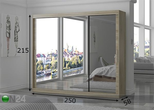 Vaatekaappi liukuovilla 250 cm mitat