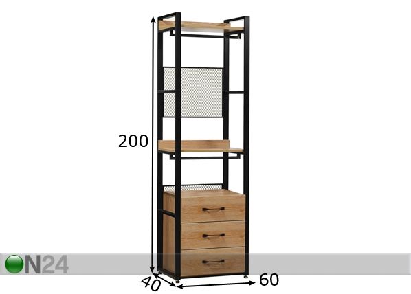Vaatekaappijärjestelmä (2 hyllyä + 2 tankoa + laatikosto) 60x200 cm mitat