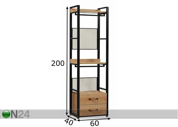 Vaatekaappijärjestelmä 60x200 cm (2 hyllyä + 2 tankoa + laatikosto) mitat