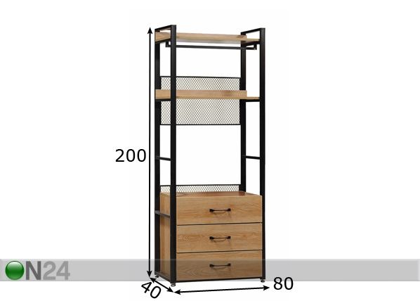 Vaatekaappijärjestelmä 80x200 cm (2 hyllyä + 2 tankoa + laatikosto) mitat