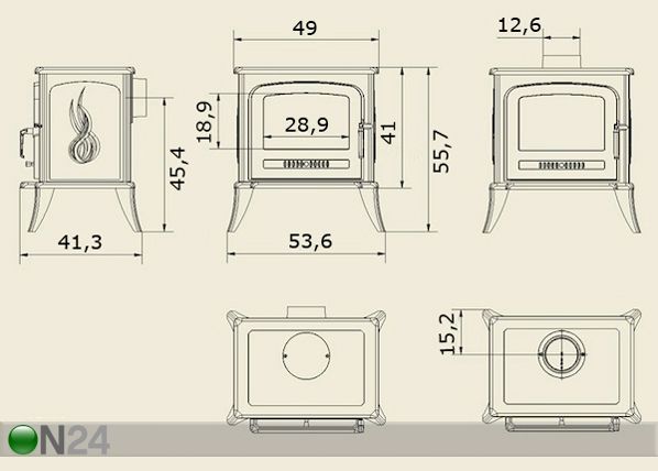 Valurautakamina 7 kw mitat