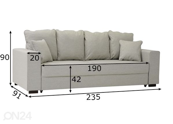 Vuodesohva vuodevaatelaatikolla Bella II mitat