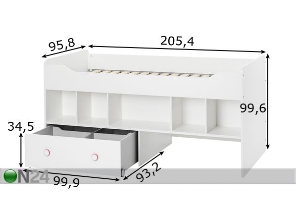 Yhdistelmäsänky COMBEE 90x200 cm+vuodevaatelaatikko mitat