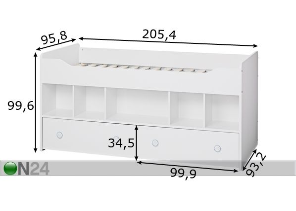 Yhdistelmäsänky COMBEE 90x200 cm+vuodevaatelaatikko mitat