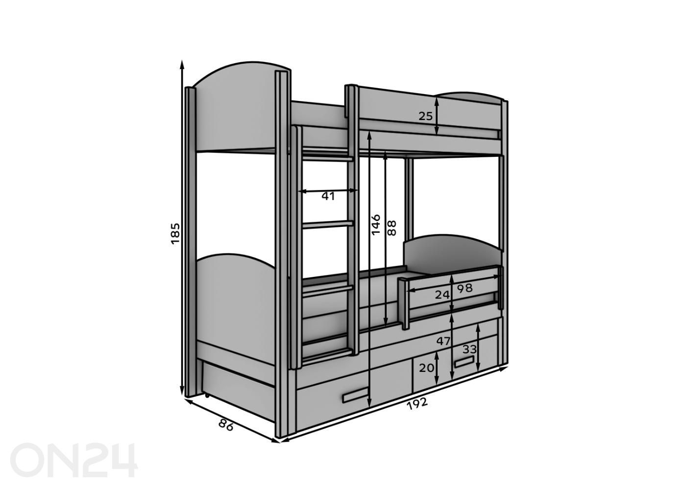 3-hengen kerrossänky setti LEIA 80x180 cm kuvasuurennos mitat