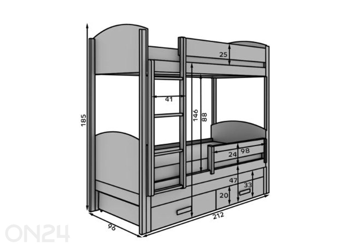 3-hengen kerrossänky setti LEIA patjoilla, 90x200 cm kuvasuurennos mitat
