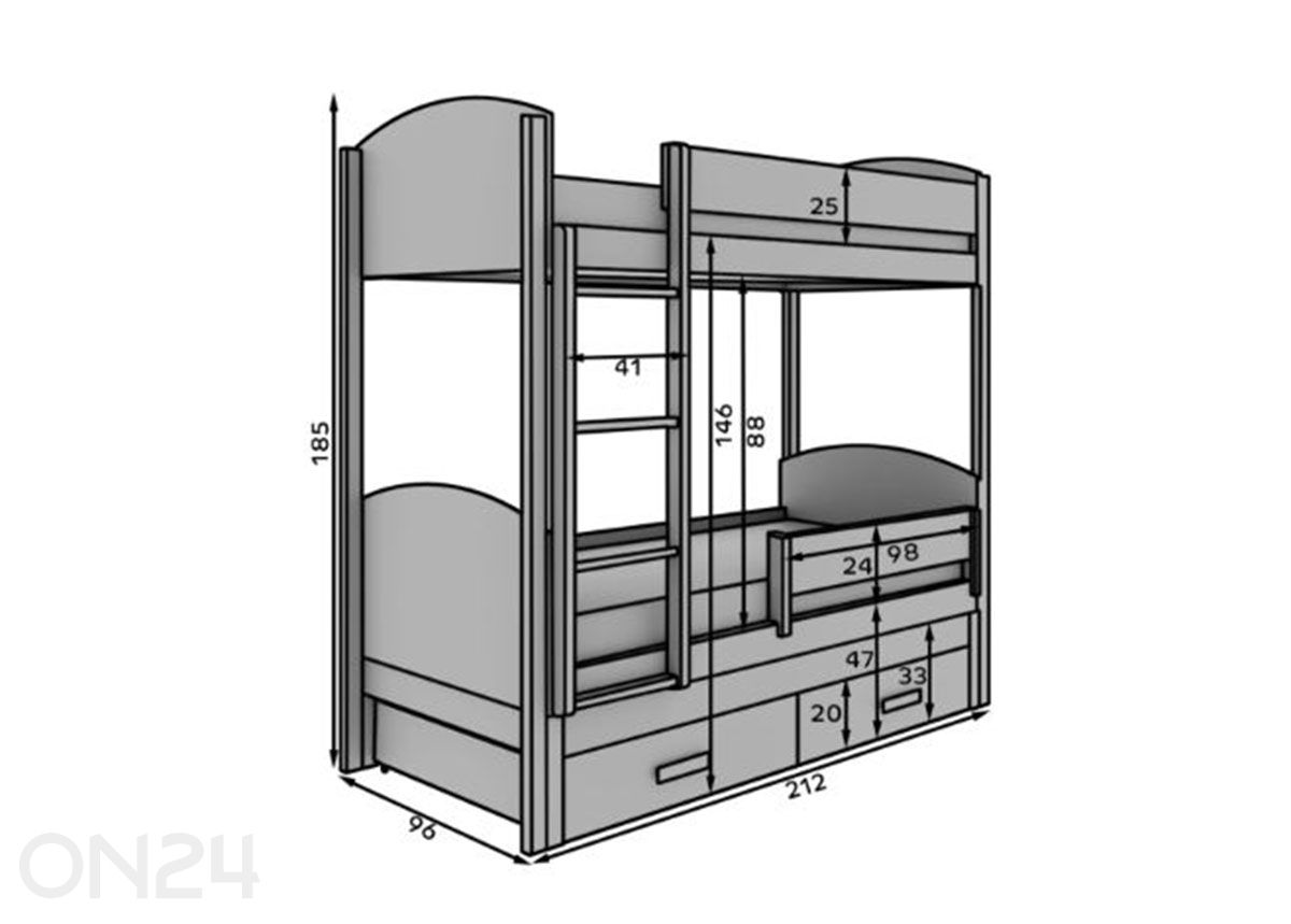 3-hengen kerrossänkysetti Leia 90x200 cm kuvasuurennos mitat