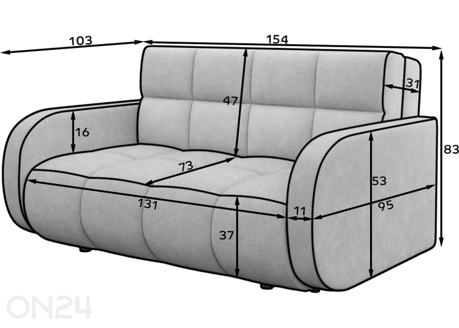 3-istuttava vuodesohva Deverio kuvasuurennos mitat