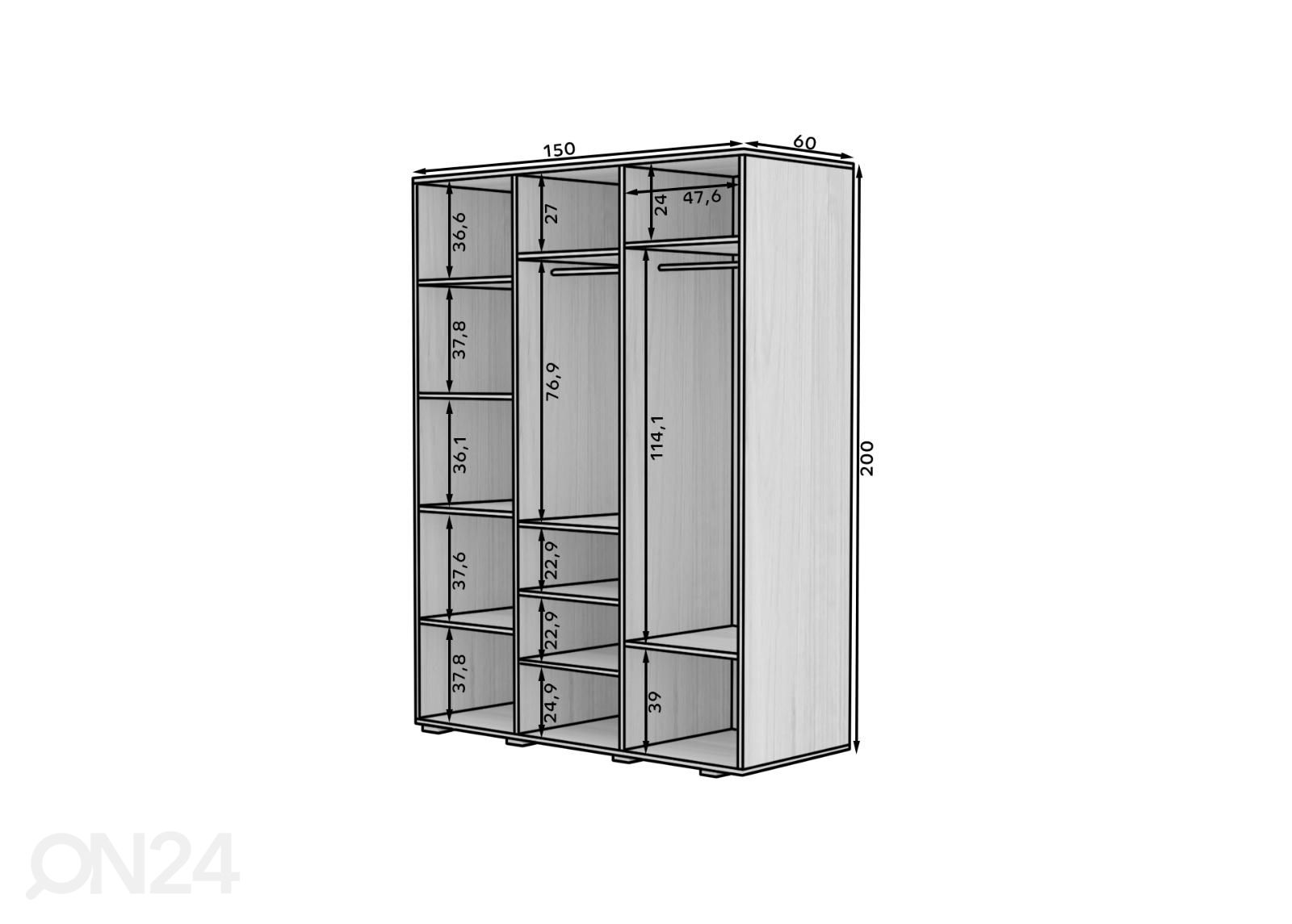 3-ovinen vaatekaappi Aura 150 cm kuvasuurennos mitat