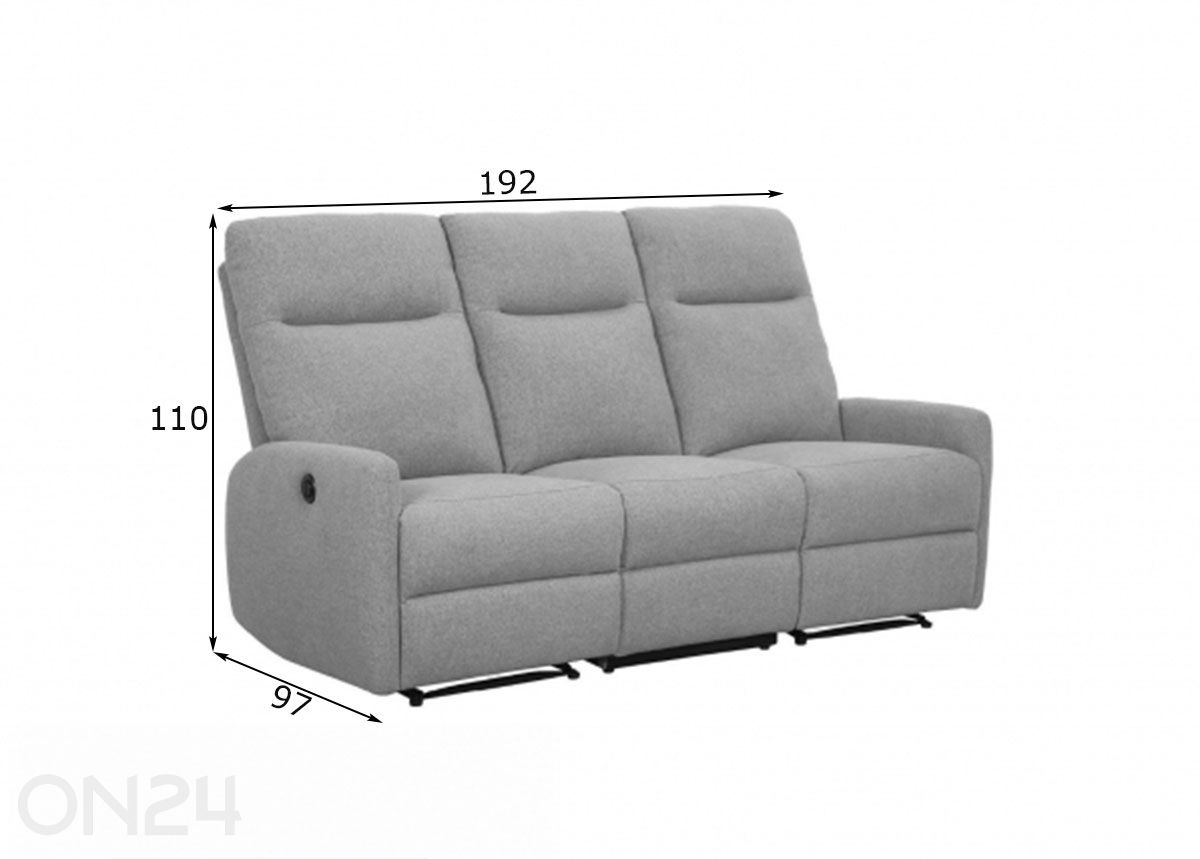 3-paikkainen sohva Katy sähköisellä recliner-toiminnolla kuvasuurennos mitat