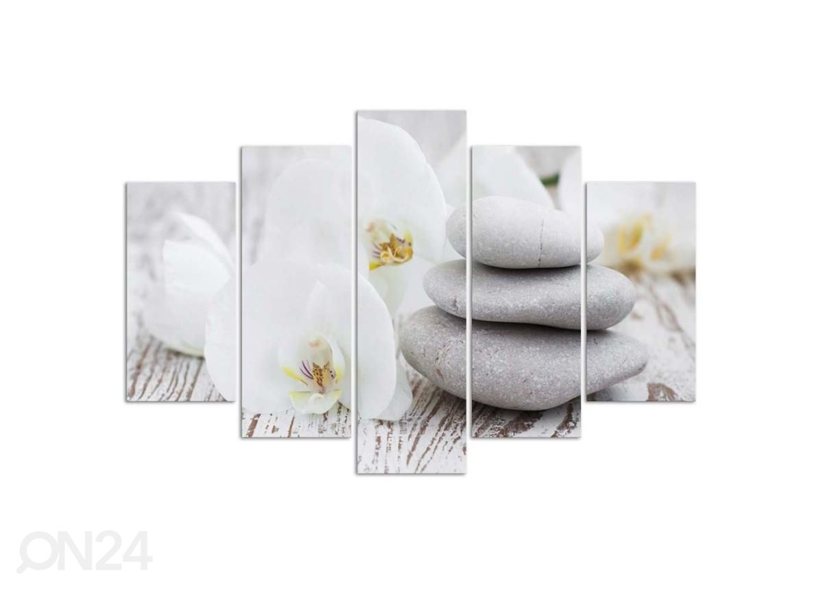 5-osainen sisustustaulu White zen orchid and stones 150x100 cm kuvasuurennos