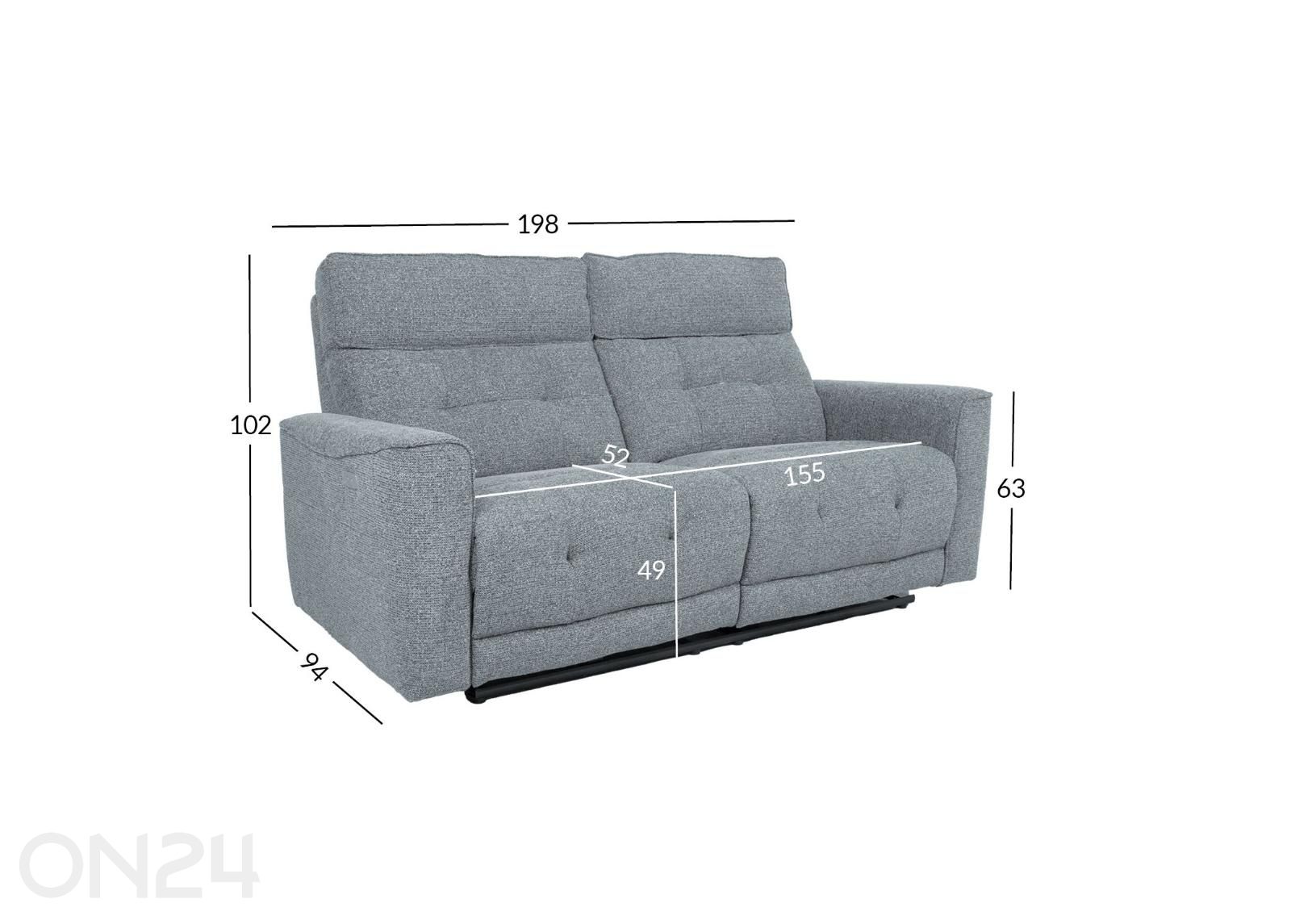 Bosco Recliner 2,5-istuttava sohva kuvasuurennos mitat