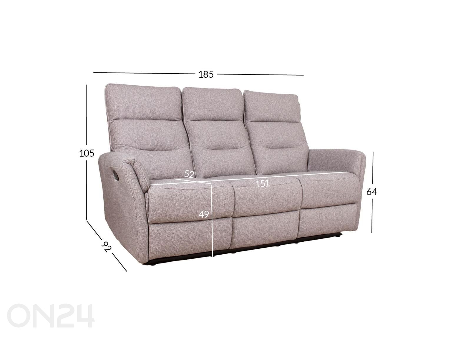 Bowers Recliner 3-istuttava sohva kuvasuurennos mitat